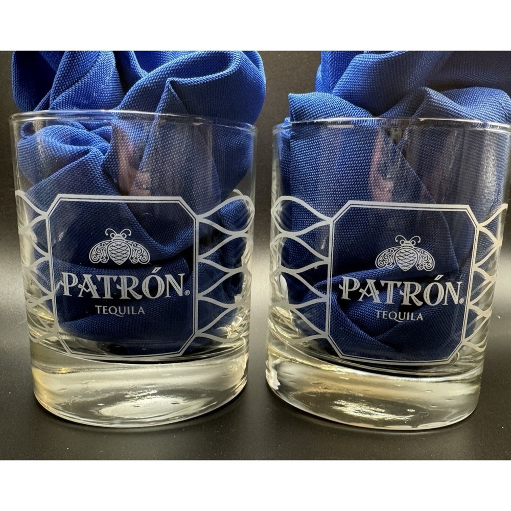 Patron Tequila‎ Bee Logo Rocks Glasses Set of 2 Etched Lowball Cocktail